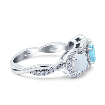 Halo Cushion Art Deco Three Stone Wedding Ring Simulated Aquamarine CZ 925 Sterling Silver